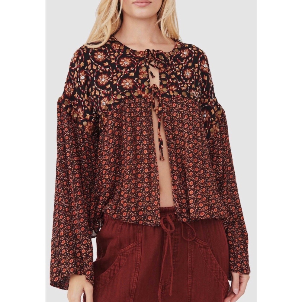 Free People Floral Tie StuddedEmbellished Boho Top XS brown whismi cottage retro